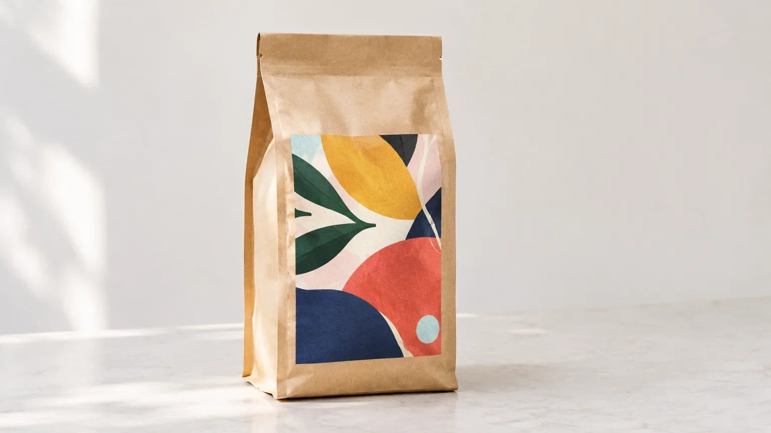 A colourful Colombian coffee bag shown alone in close-up