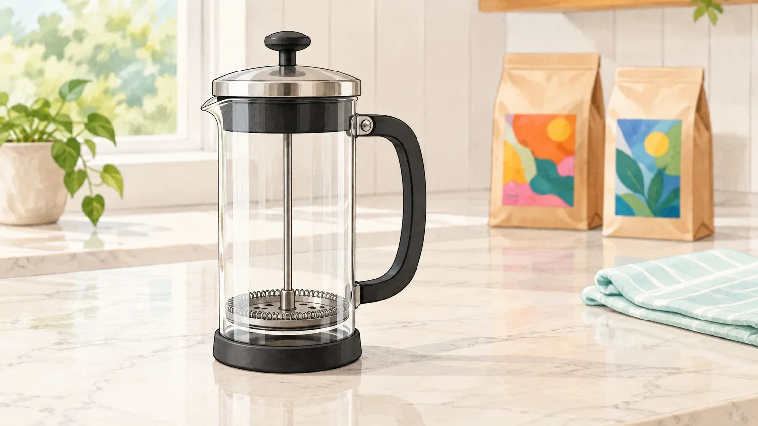 A glass coffee plunger with colourful coffee bags on a bright kitchen counter.