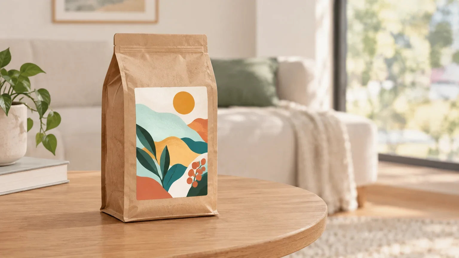 A coffee bag with a colourful abstract label in a bright living room