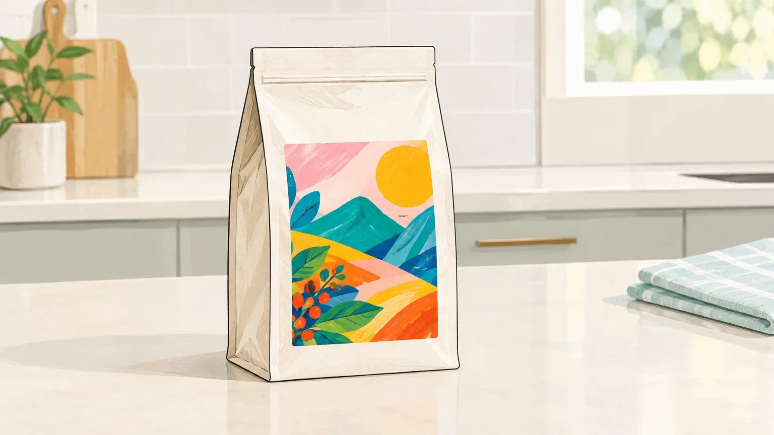 Colourfully labelled coffee bag in a bright kitchen