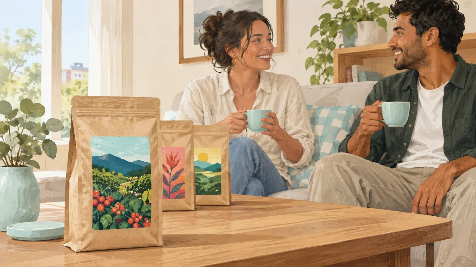 Colourfully labelled specialty coffee bags and cups in an Australian living room