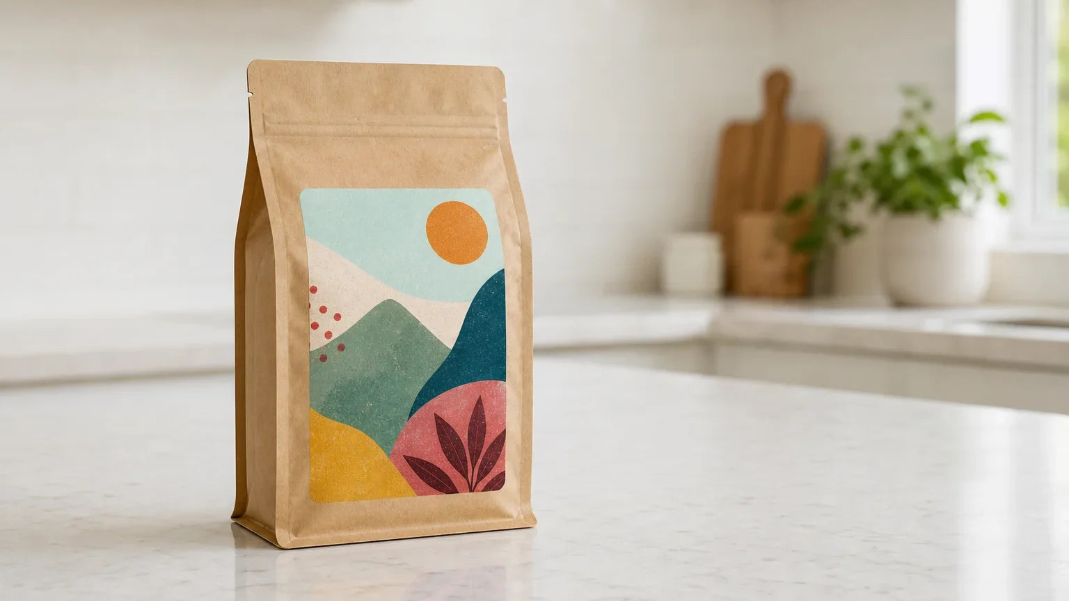 Colourfully labelled specialty coffee bag in a bright kitchen