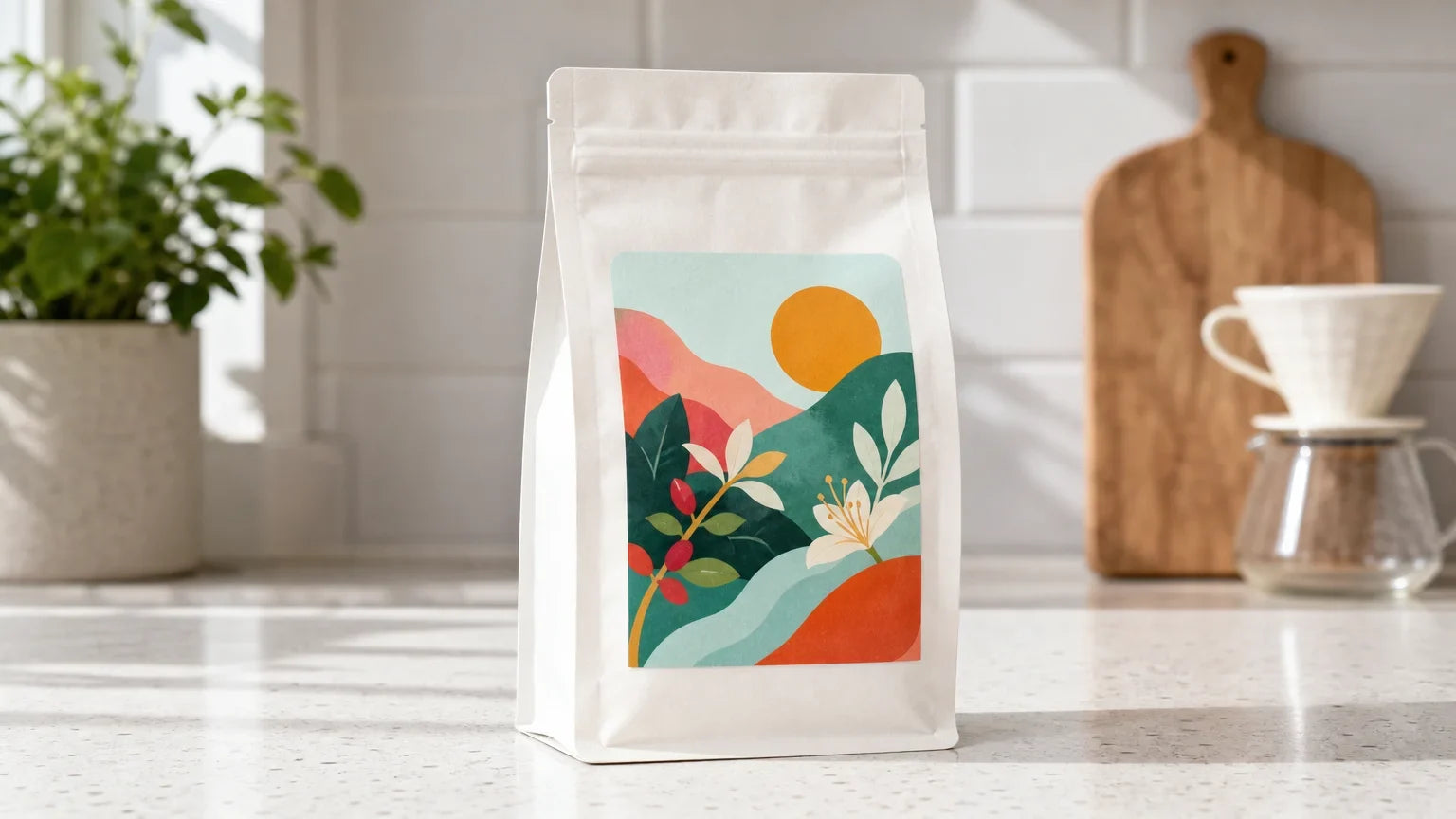 A specialty coffee bag with a colourful label in close-up