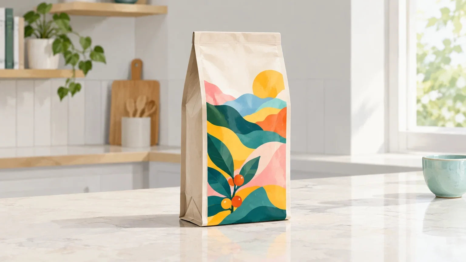 A colourful coffee bag displayed alone in close-up in a bright home kitchen