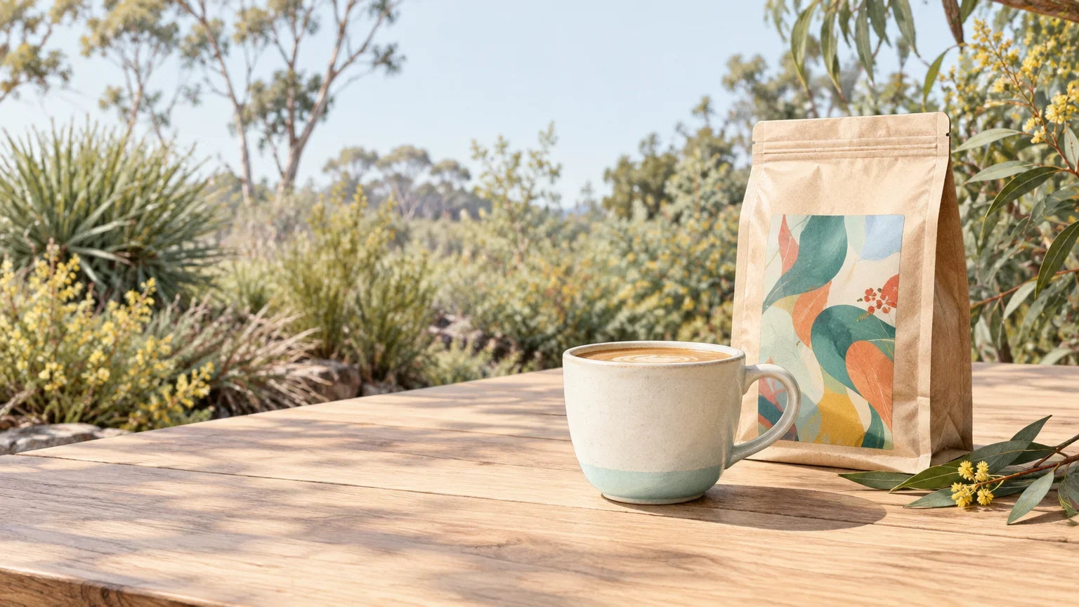 Milky coffee beside a colourful coffee bag on an outdoor table