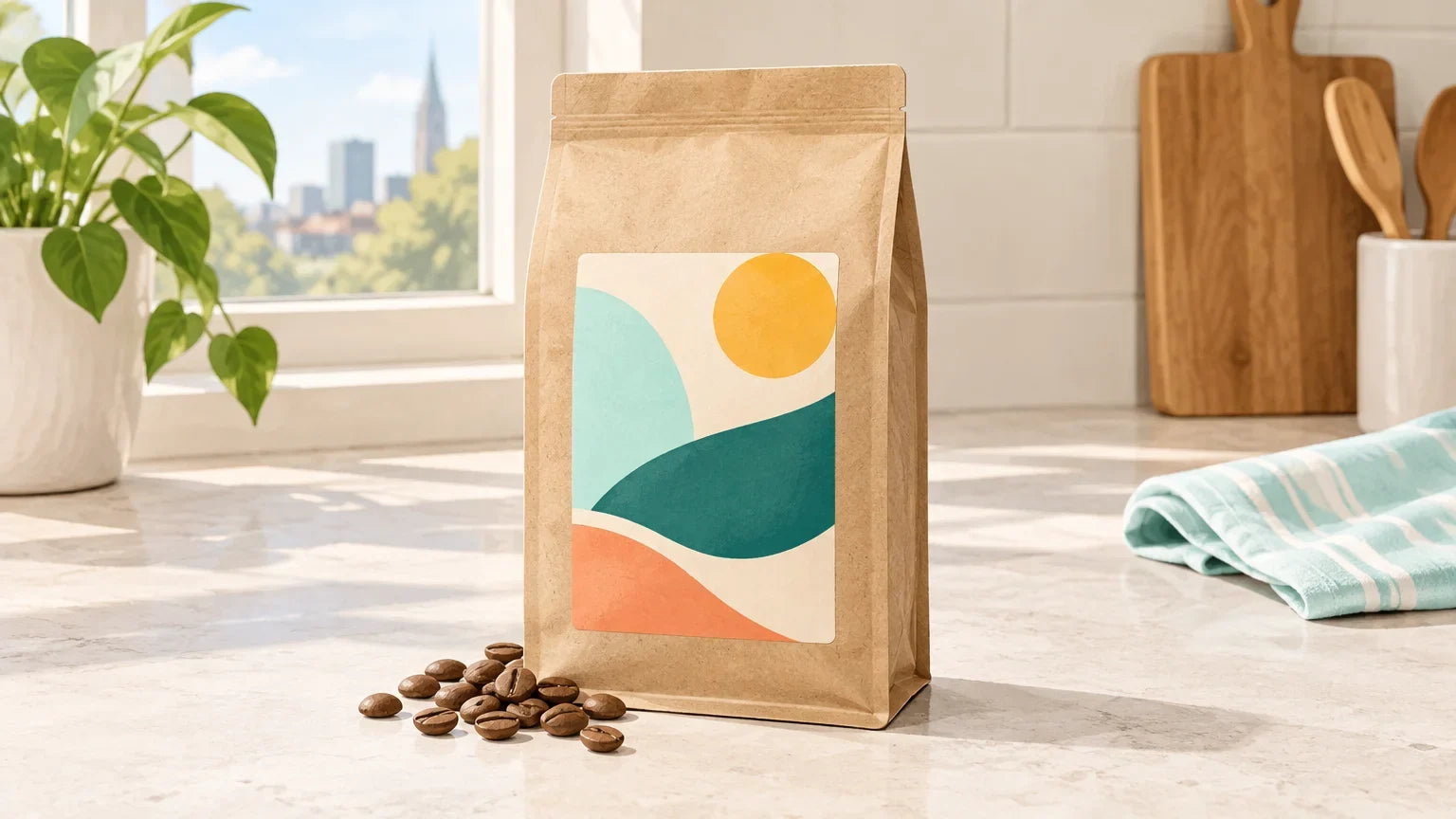 A colourful unbranded coffee bag displayed alone on a bright kitchen counter