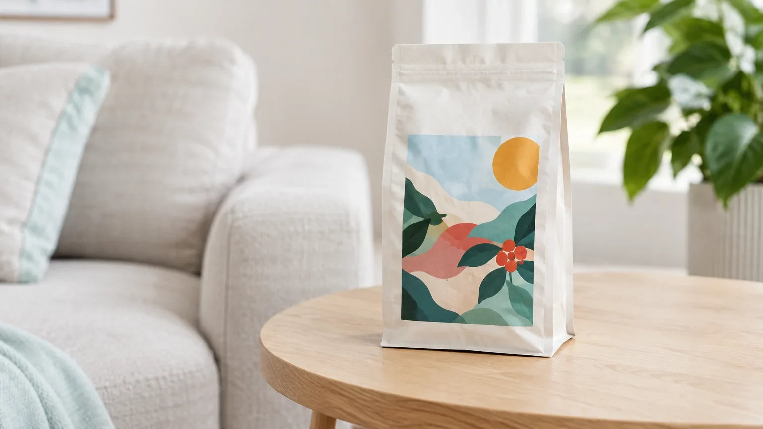 A colourful coffee bag in a bright Australian living room