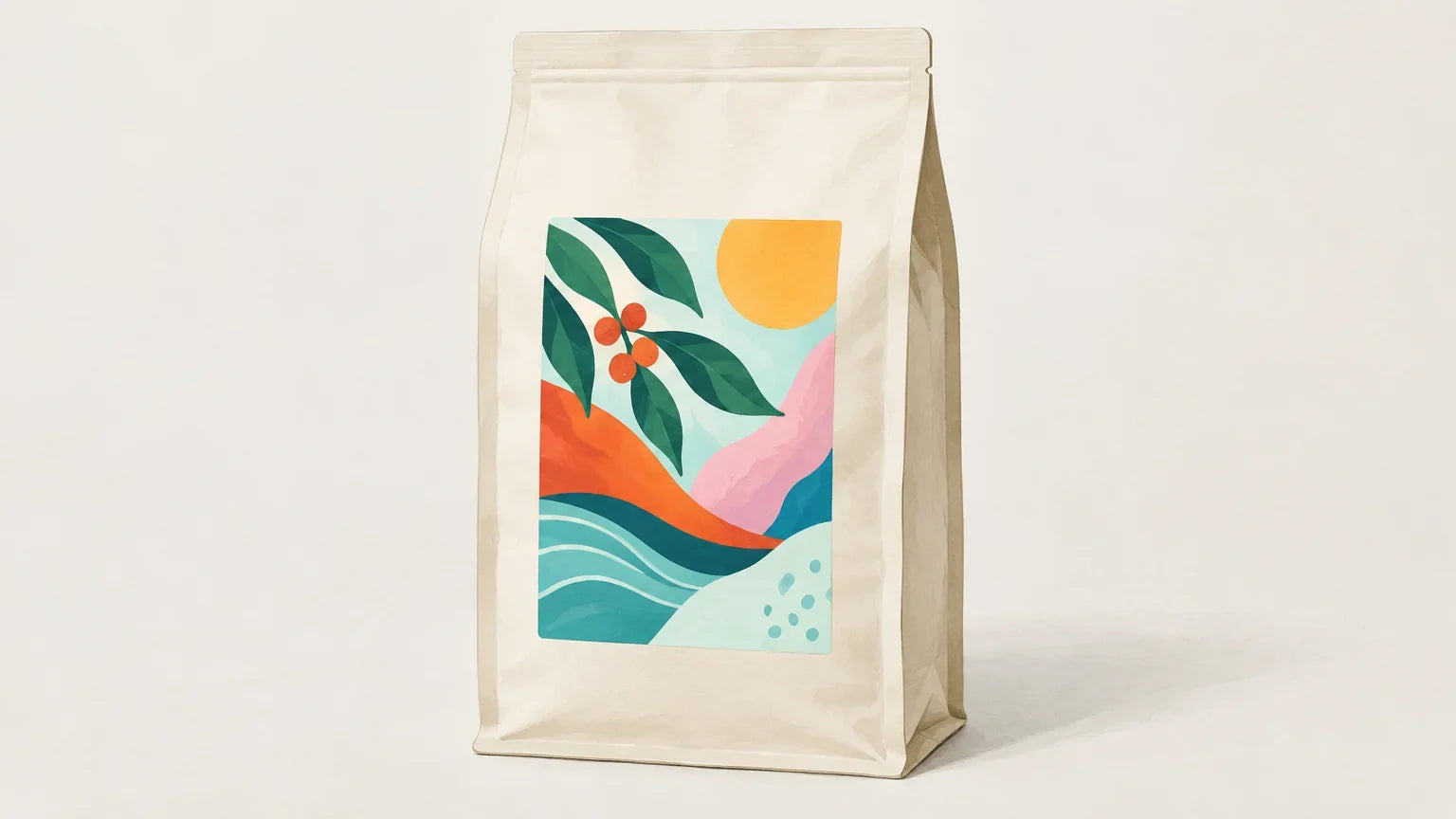 A single coffee bag with a colourful abstract label in a bright gallery setting