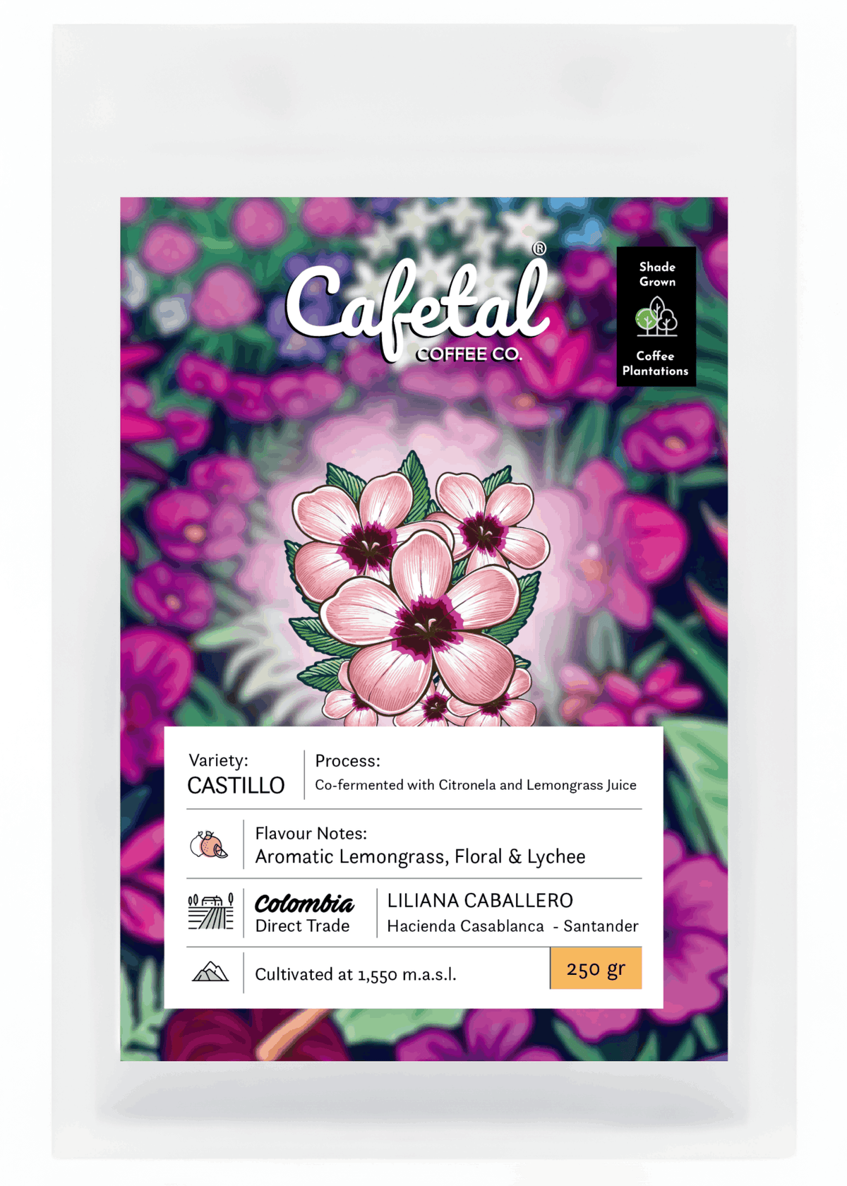 A package of coffee beans labelled Cafetal Coffee Co., with a floral label featuring pink flowers on a purple-and-green patterned background.
