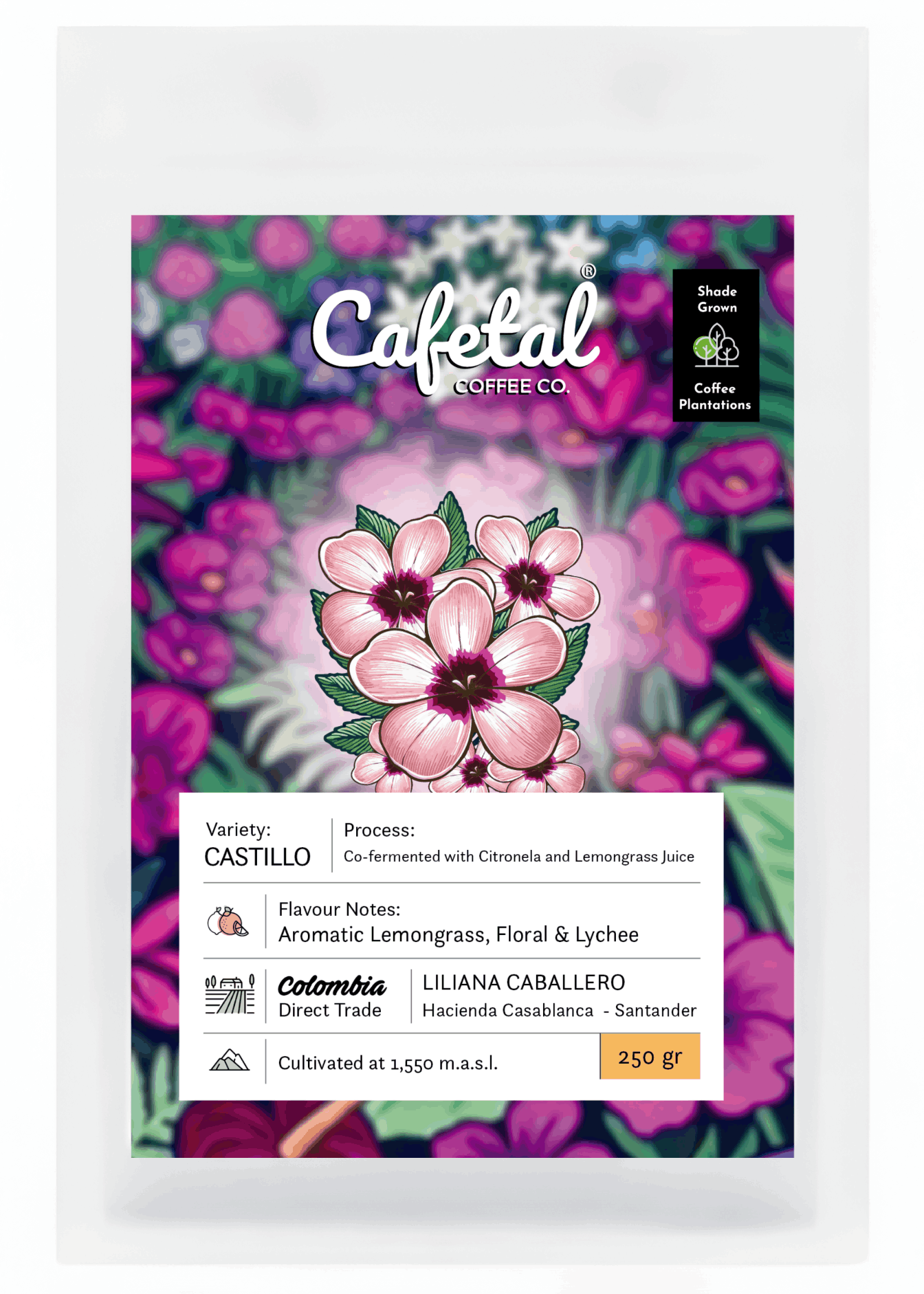 A package of coffee beans labelled Cafetal Coffee Co., with a floral label featuring pink flowers on a purple-and-green patterned background.