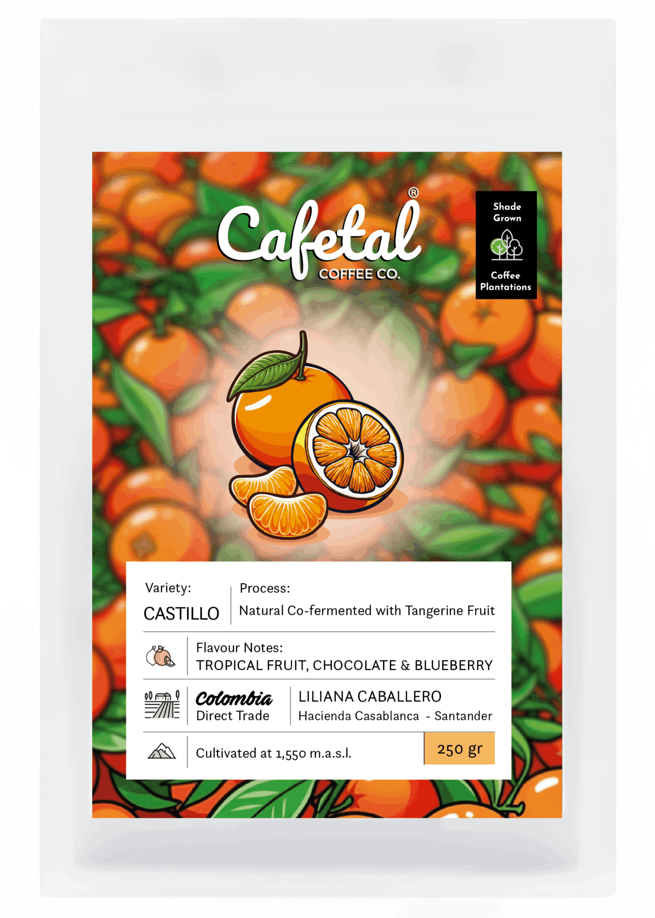 Cafetal Coffee Co. bag of Castillo Tangerine. Colombian coffee