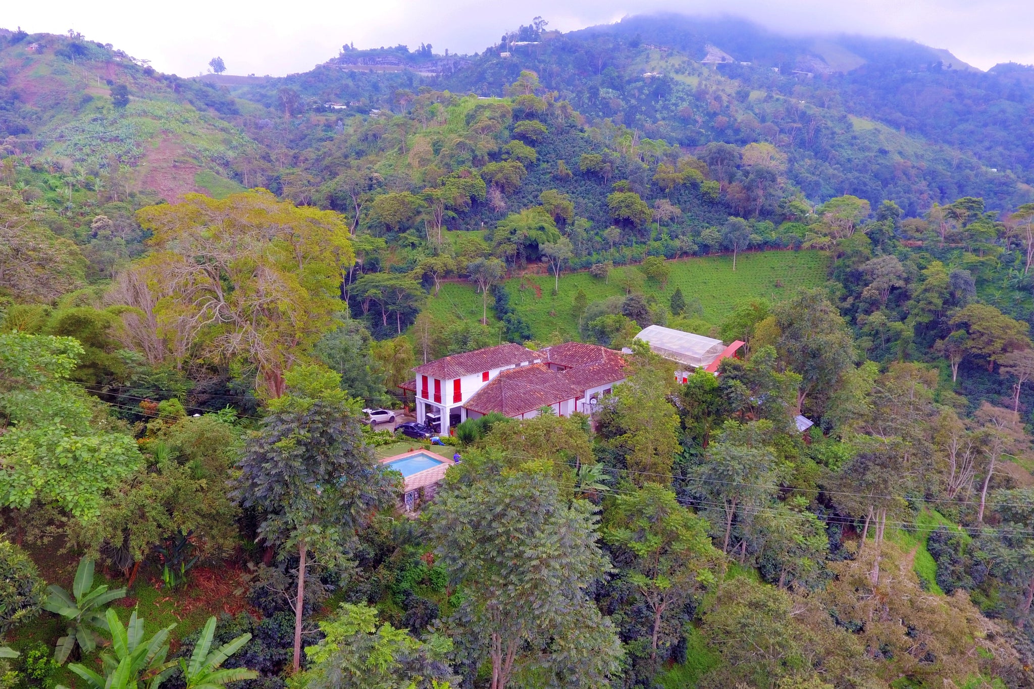 Aerial view of Cafe Hacienda Casa Blancasurrounded by lush greenery on a hillside.