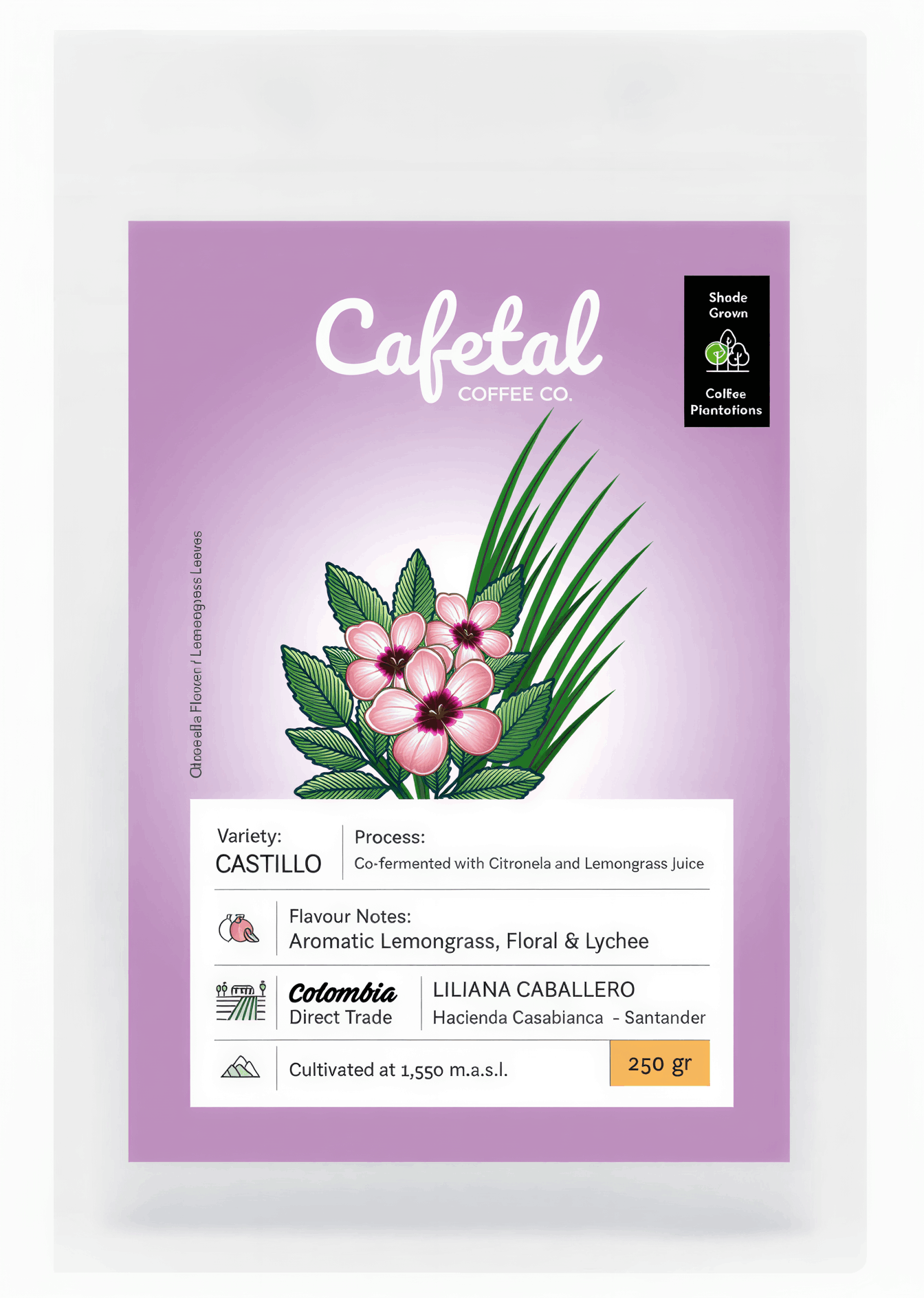 Cafetal Coffee Co. Castillo coffee package in a white stand-up pouch with a lavender label featuring a pink flower and green leaves, plus product details and a shade green certification badge.