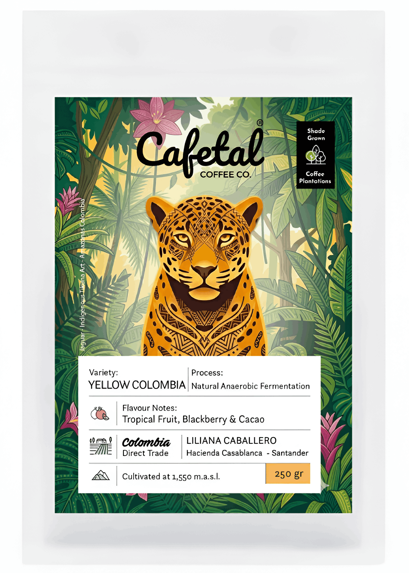 A package of Cafetal Coffee Co. Yellow Colombia coffee beans, featuring a vibrant jungle illustration with a central leopard graphic and product details on a white label.