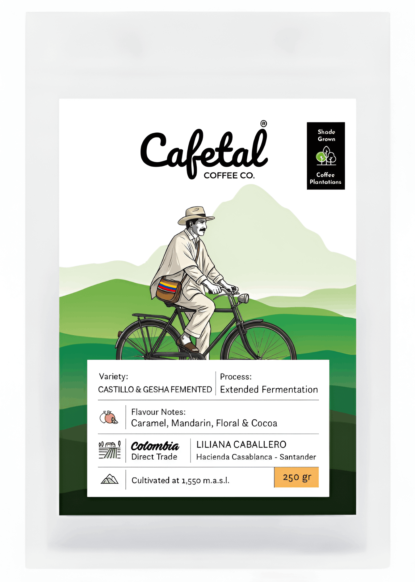 Cafetal Coffee Co. direct trade coffee bag packaging, featuring a white label with a green landscape illustration of a man riding a bicycle and product details for a 250g bag.