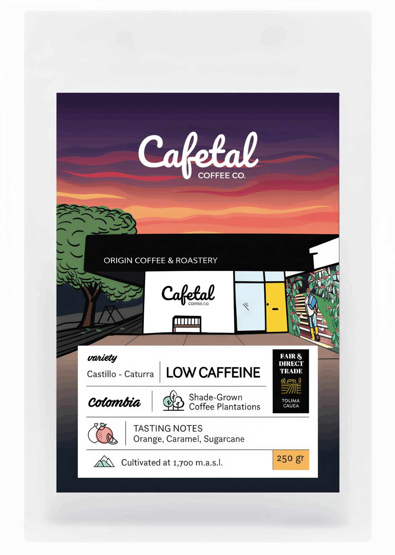 A package of Cafetal Coffee Co. origin coffee and roastery, featuring a colorful graphic illustration of a coffee plantation at sunset with text detailing the variety as Castillo - Caturra, low caffeine, and Colombian shade-grown coffee plantations.