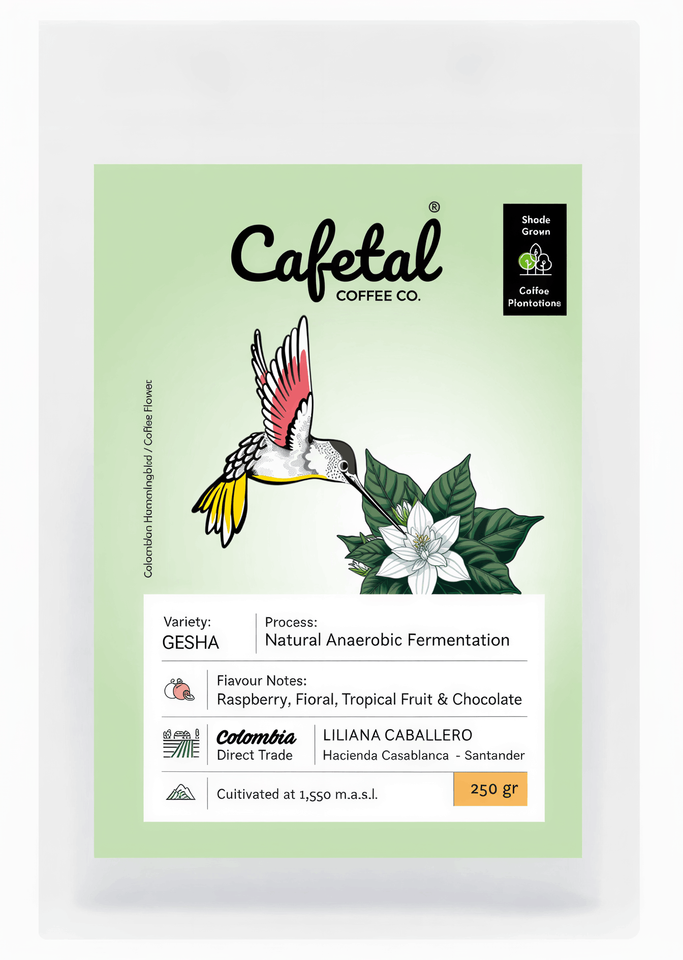 Cafetal Coffee Co. Gesha Colombia coffee bag packaging, featuring a light green background with a hummingbird, white flower, and detailed coffee notes printed on the front.