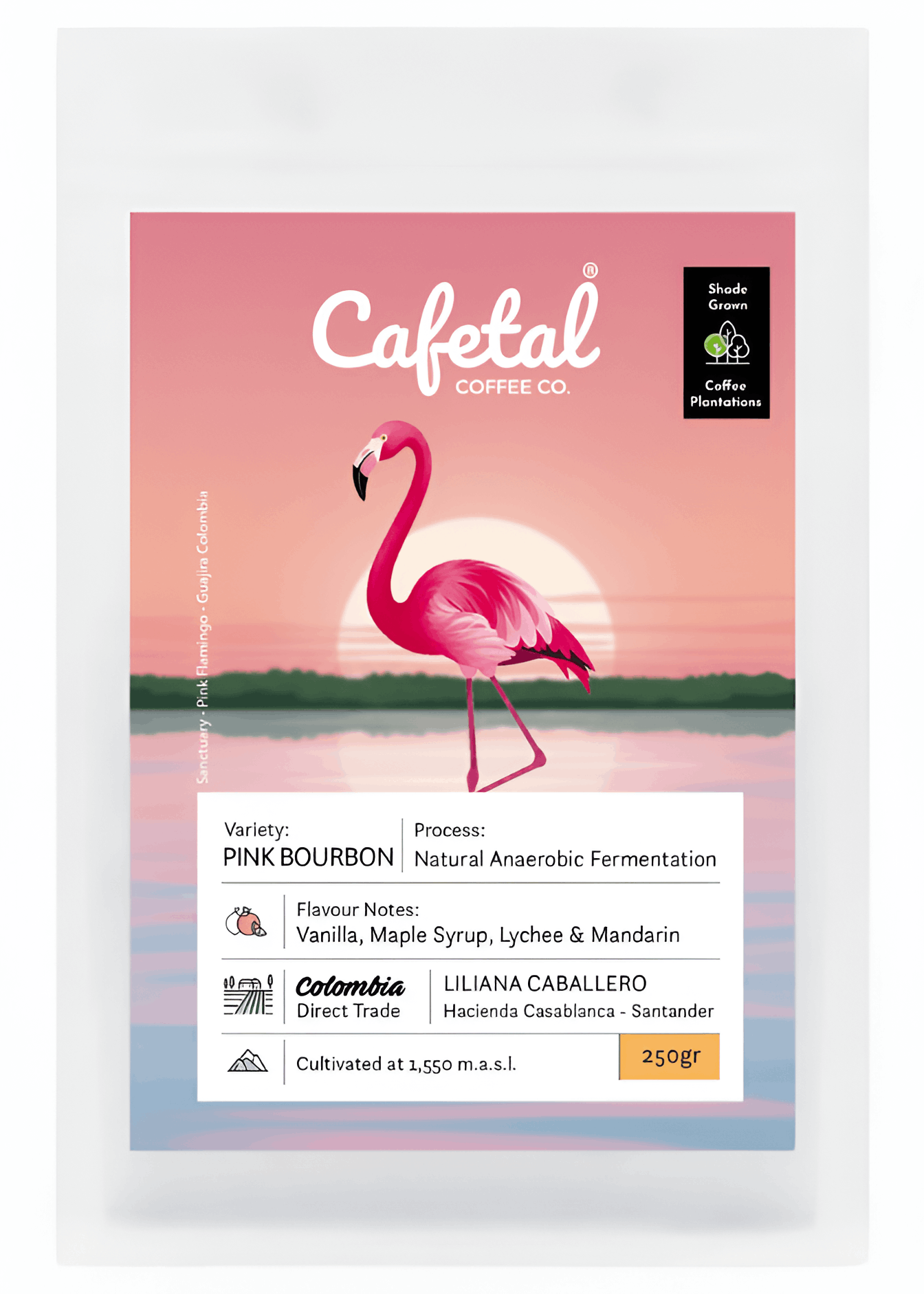 Cafetal Coffee Co. Colombia Liliana Caballero single-origin coffee bag, featuring a pink flamingo on a sunset landscape label.