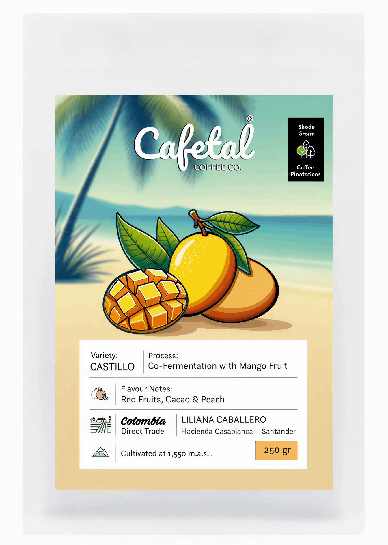 Cafetal Coffee Co. Castillo mango process coffee bag packaging, featuring a tropical beach illustration with a mango and a sliced mango on the front label.