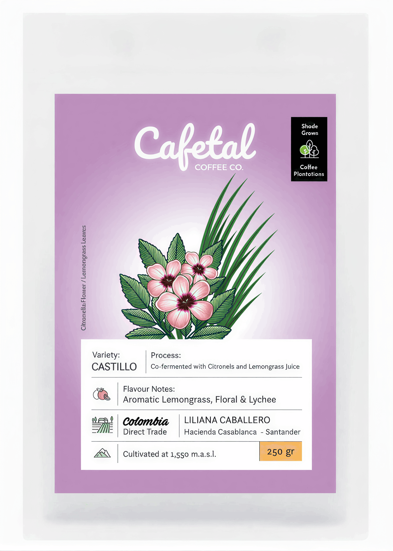 A packaged coffee bag from Cafetal Coffee Co. featuring a lavender label with an illustration of pink flowers and green leaves, plus product details for the variety CASTILLO.
