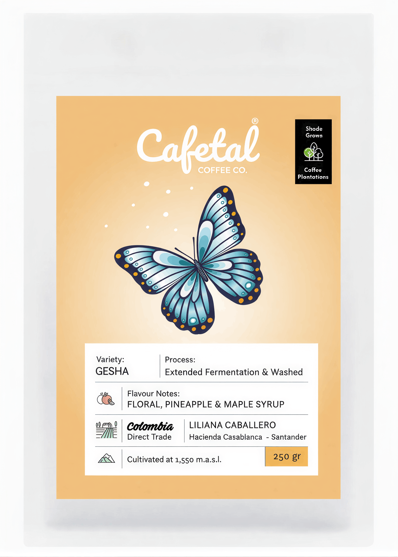Cafetal Coffee Co. Gesha single origin coffee pouch packaging, featuring a light peach background with a blue and orange butterfly illustration and product details printed on the front.