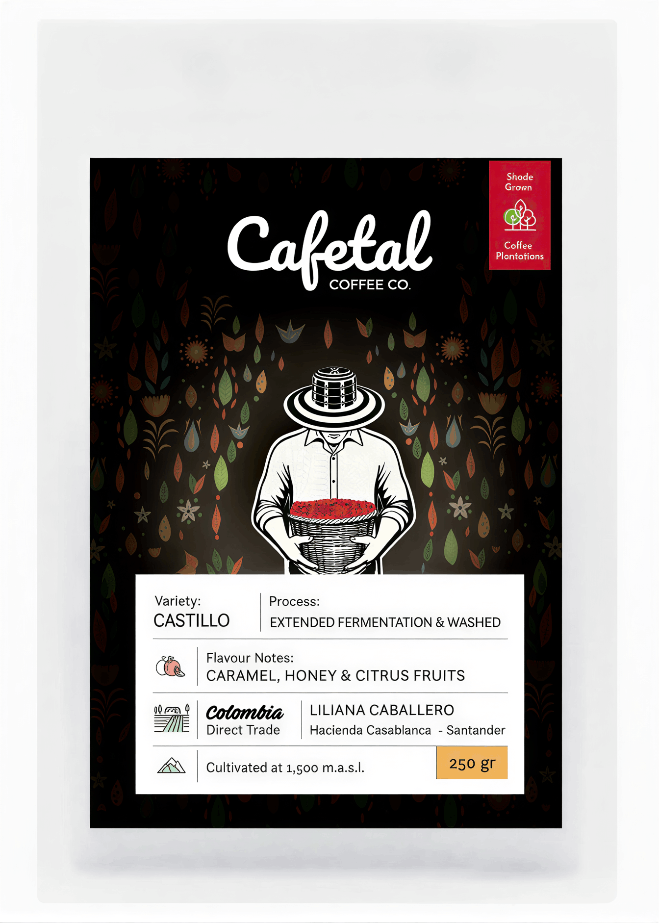 Cafetal Coffee Co. Castillo coffee bag packaging, featuring a black background with a stylized illustration of a roasting coffee bean and a white label detailing the variety, process, and origin.