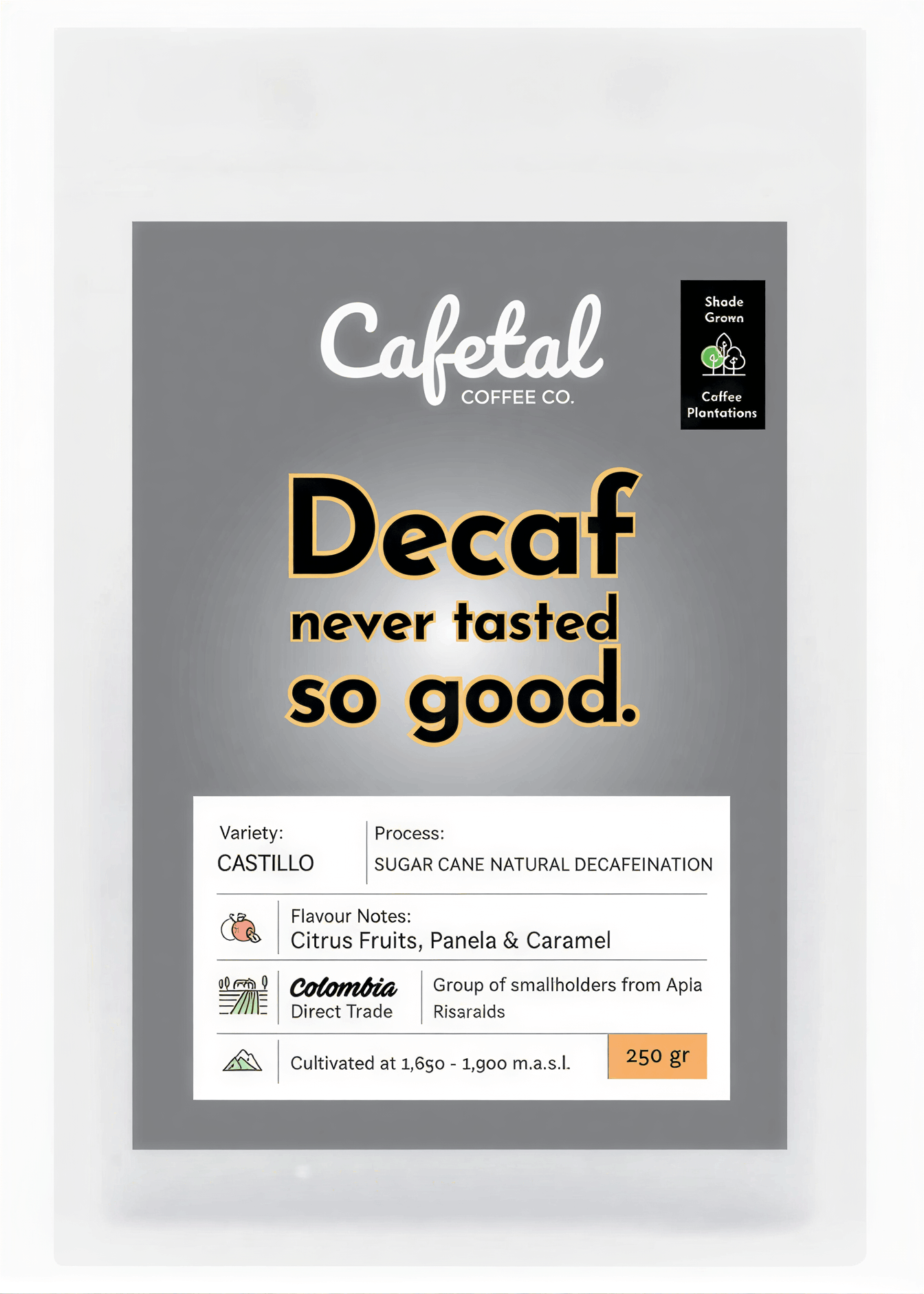 A package of Cafetal Coffee Co. Decaf coffee, featuring a gray label with gold and white text, on a clean white background.