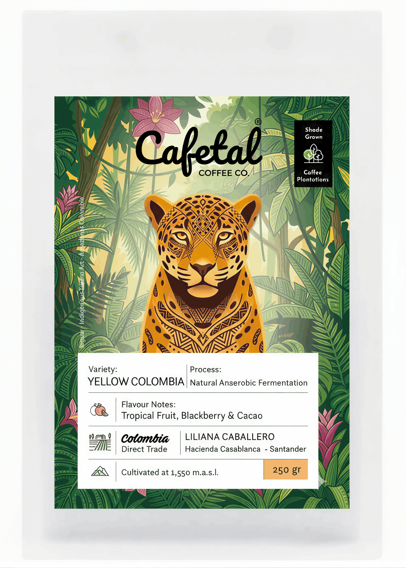 Cafetal Coffee Co. Yellow Colombia coffee package featuring a jungle illustration with a Colombian jaguar and a white label with product details.