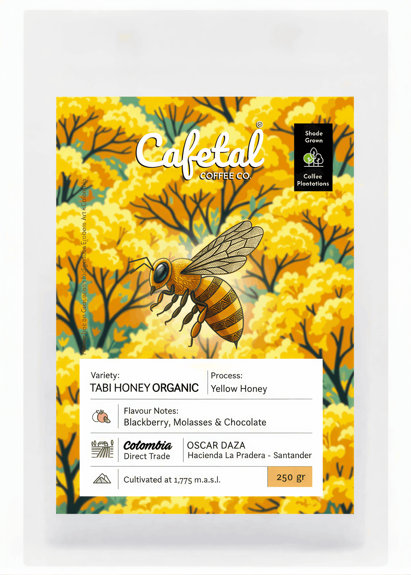 A package of Cafetal Coffee Co. Tabi Honey Organic coffee, featuring a vibrant yellow and orange floral illustration with a central bee graphic and white text detailing the variety, flavor notes, origin, and cultivation details.