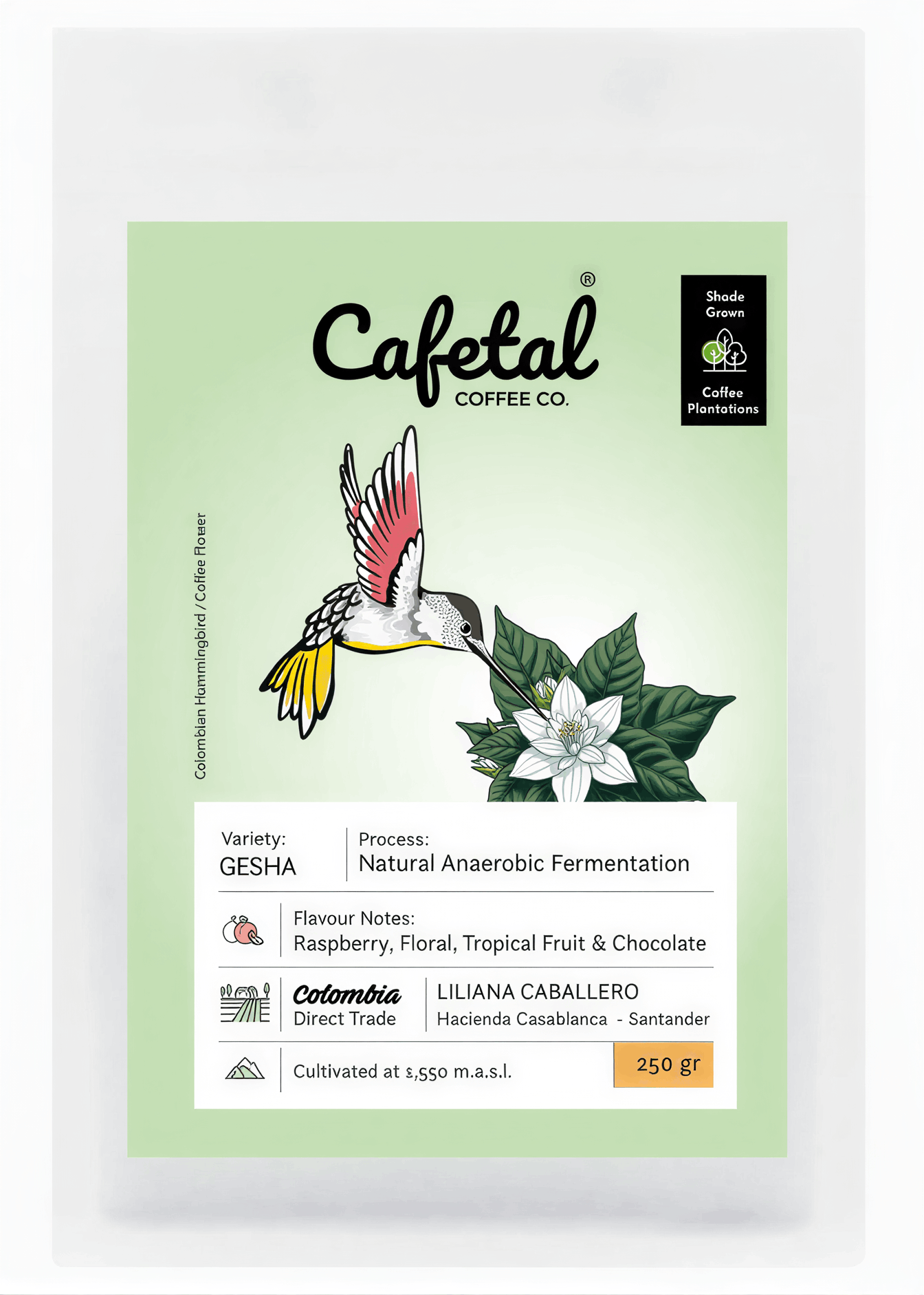 Cafetal Coffee Co. Colombia Direct Trade Gesha coffee bag, 250g.