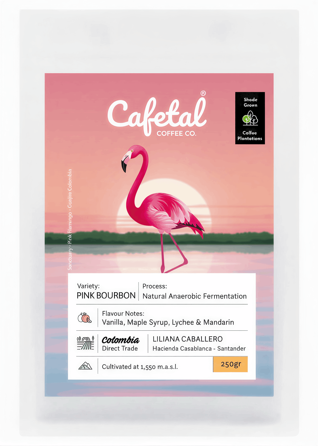 Cafetal Coffee Co. Colombia Liliana Caballero single origin coffee bag, featuring a pink flamingo on a sunset landscape label.