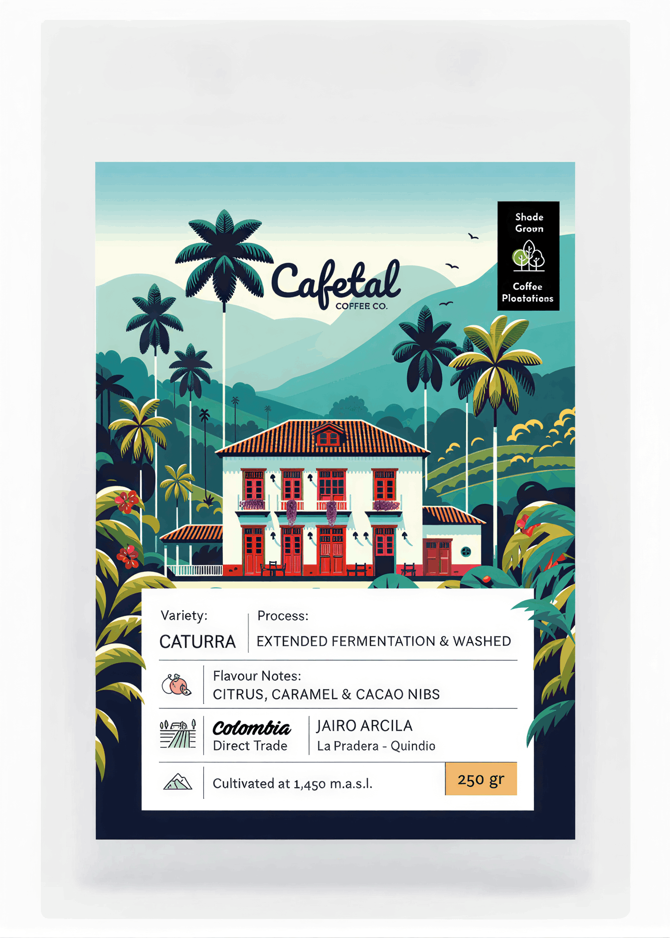 A packaged coffee product labeled Cafetal Coffee Co. Caturra, shown against a plain white background.