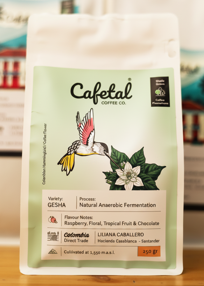 A stand-up pouch of Cafetal Coffee Co. Gesha whole bean coffee, featuring a light green and beige label with an illustration of a hummingbird and a coffee flower, set against a blurred background.